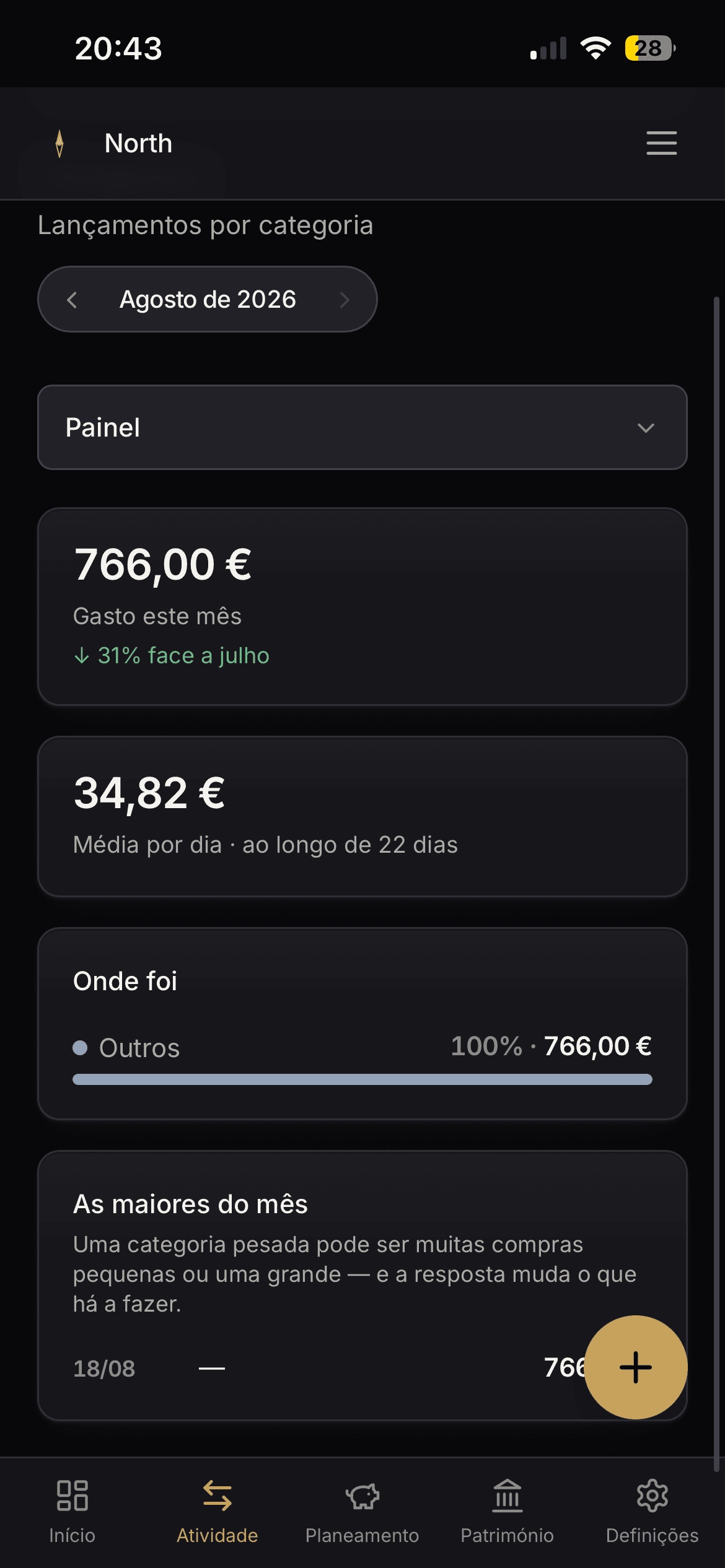 O ecrã de despesas da North, com o total gasto no mês e a divisão por categoria.