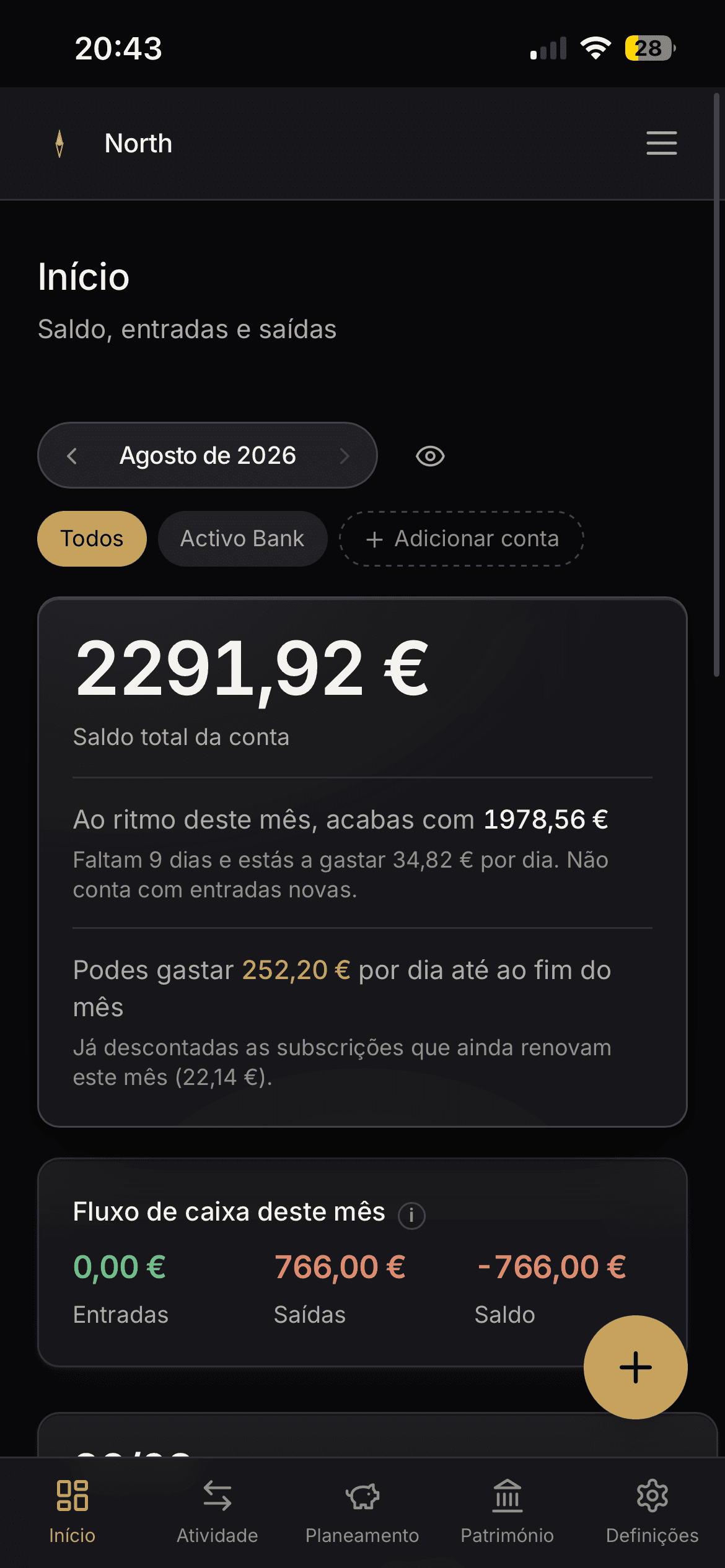 O ecrã de início da North, com o saldo total da conta e quanto se pode gastar até ao fim do mês.